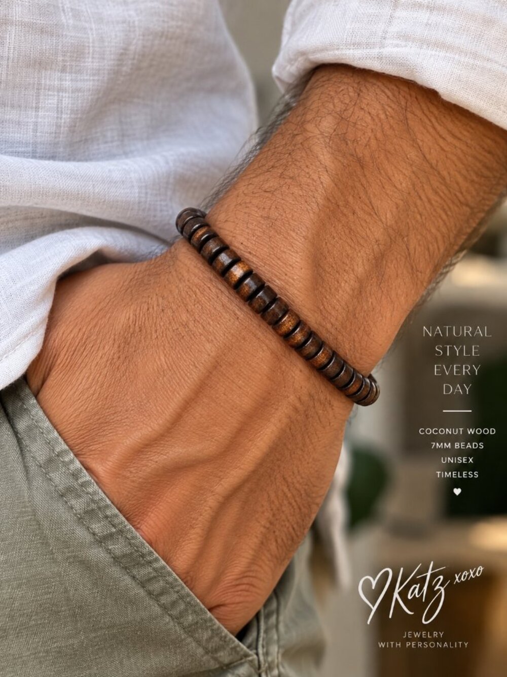 Coconut Wood Heishi Bead Bracelet 7mm Dark Brown Stretch Unisex Surfer Boho